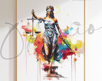 Puede incluir: Una impresión de arte digital de la diosa de la justicia, una mujer con los ojos vendados que sostiene una balanza y una espada, de pie frente a un fondo de acuarela colorido.