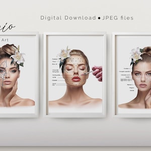 May include: Three framed prints featuring illustrations of a woman's face with anatomical diagrams. The prints are labeled "Digital Download • JPEG files". The woman has flowers in her hair. One print shows a face with a diagram, another shows a face with injections, and the third shows a face with a diagram.