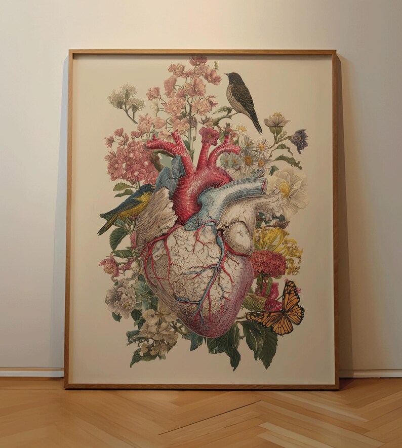 Botanical Heart Anatomy Art Print, Human Heart Illustration, Medical ...