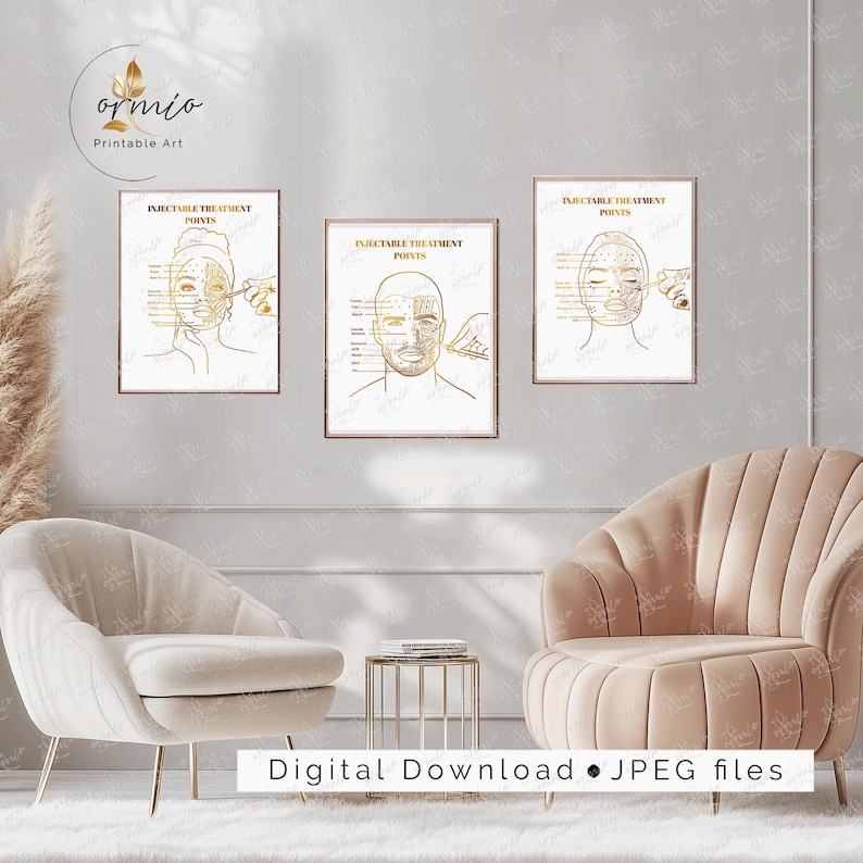May include: Three printable digital art prints with gold text and illustrations of the face with labeled points for injectable treatments. The text on each print reads "Injectable Treatment Points".