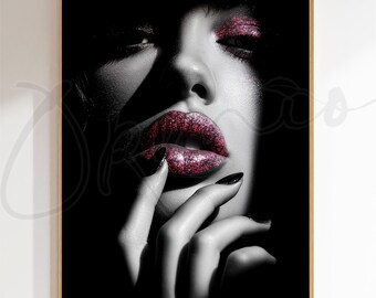 Beauty Salon Wall Art Printable Red Lips Poster, Lash Studio Decor, Makeup Artist Wall Art, Glam Black White Print, Bedroom Decor