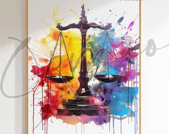 Può includere: Un dipinto ad acquerello di una bilancia della giustizia con schizzi di colore colorati sullo sfondo. La bilancia è nera e lo sfondo è bianco con schizzi di giallo, arancione, rosso, rosa, viola, blu e verde.