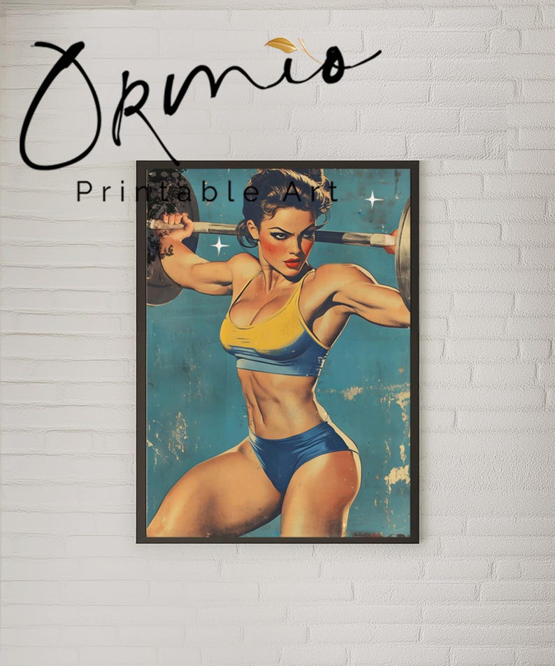 Vintage-style poster of a weightlifter woman, ideal for retro gym wall decor.