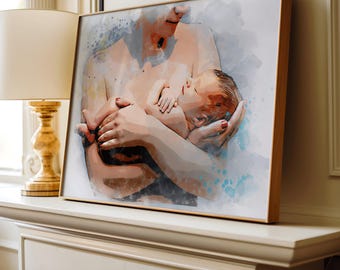 Mother and Baby Watercolor Art Print: Newborn Illustration (Digital Art)