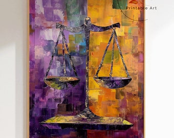 Può includere: Dipinto astratto di una bilancia della giustizia con tonalità viola e gialle. La bilancia è in metallo nero e ha due piatti. Lo sfondo è un mix di viola, giallo e arancione.