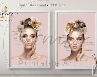 May include: Two printable art prints featuring a woman's face with gold leaf and white flowers. The face is labeled with the names of facial muscles. The text "Printable Art" appears at the bottom of each print.