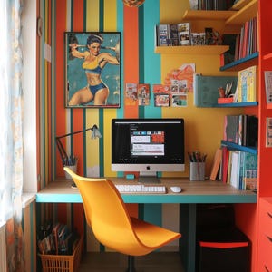 May include: A home office workspace with a yellow desk chair, a computer monitor, and a desk with a wood top and a teal blue edge. The walls are painted with vertical stripes in orange, yellow, teal, and green. There are shelves with books and other items on the walls.