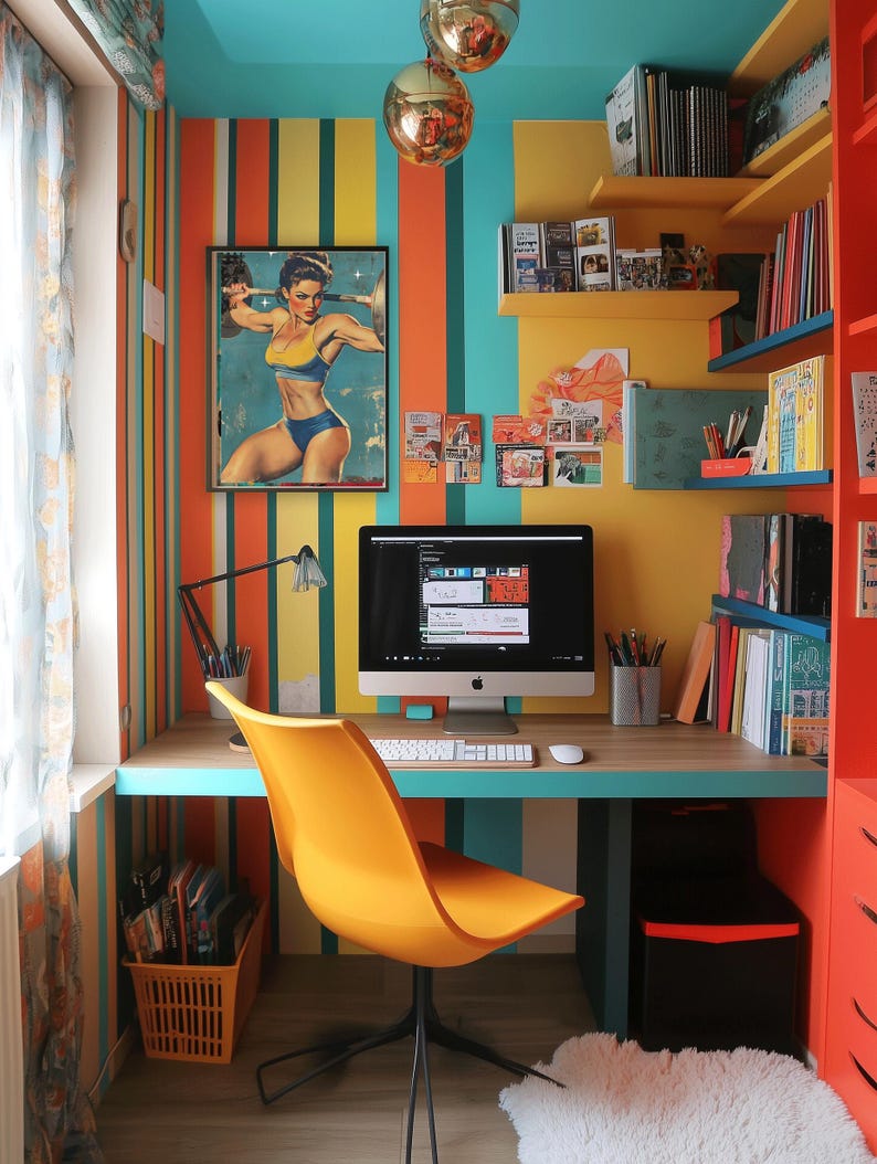 May include: A home office workspace with a yellow desk chair, a computer monitor, and a desk with a wood top and a teal blue edge. The walls are painted with vertical stripes in orange, yellow, teal, and green. There are shelves with books and other items on the walls.