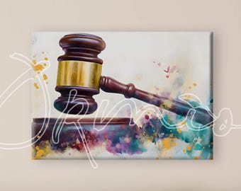 Op de afbeelding: Een houten hamer met een gouden band, rustend op een kleurrijke, abstracte achtergrond. De hamer is een symbool van rechtvaardigheid en autoriteit.