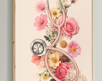 Stethoscope Wall Art, Doctor Office Decor, Nurse Wall Art, Medical Office Art, Nurse Gift, Doctor Gift, Floral Medical Print