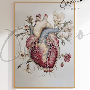 Printable Floral Heart Anatomy Art, Anatomical Heart Art, Heart with Flowers Art, Medical Art, Doctor Gift, Doctor Office Art, Nurse Gift