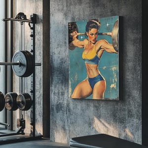 May include: A vintage-style poster featuring a woman lifting weights. The woman is wearing a yellow and blue sports bra and blue shorts. The poster has a blue background with white stars and a distressed look.