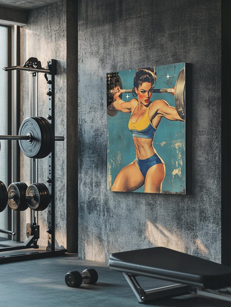 May include: A vintage-style poster featuring a woman lifting weights. The woman is wearing a yellow and blue sports bra and blue shorts. The poster has a blue background with white stars and a distressed look.