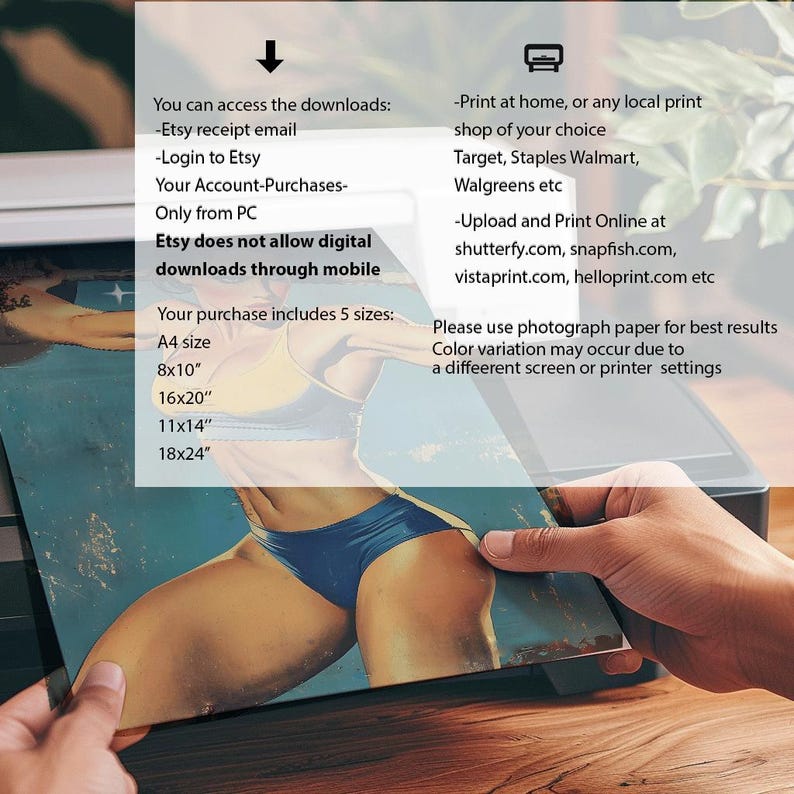 May include: A digital download listing for a printable image of a woman in a blue swimsuit. The listing includes five different sizes: A4, 8x10 inches, 16x20 inches, 11x14 inches, and 18x24 inches. The listing also includes instructions for printing the image at home or at a local print shop.