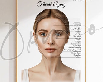 May include: A printable illustration showing the visible signs of facial aging. The illustration shows a woman's face on the left side with youthful features and the right side of her face showing signs of aging. The illustration includes labels for each sign of aging, such as forehead lines, rough-dry skin, crow's feet, tear trough, and neck lines.