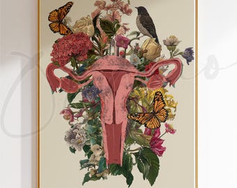 Arte imprimible de anatomía botánica del útero, ilustración médica vintage, póster floral del sistema reproductor femenino, decoración para consultorios médicos