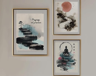 Japandi Zen Wall Art Set of 3, Therapy Office Decor, Psychologist Wall Prints, Calm Quote Posters, Minimal Japanese Spa Art