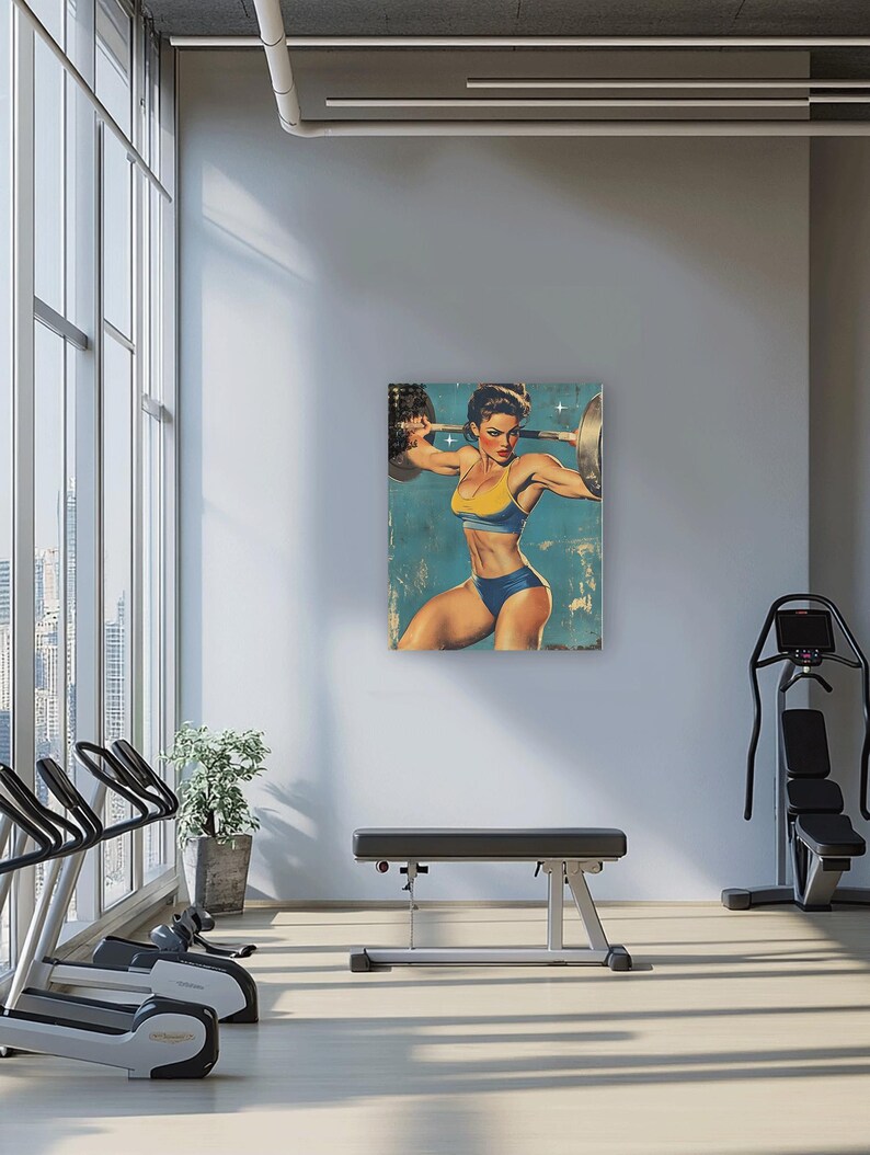 May include: A vintage-style poster featuring a woman lifting weights. The woman is wearing a blue and yellow swimsuit and is posed in a dynamic lifting position. The poster has a faded, distressed look, giving it a retro feel.