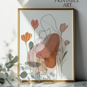 Minimal Line Art Poster - Mutter hält Baby in zarter Umarmung, moderne Mutterschaft Wandkunst, neue Mutter Geschenk, Schwangerschaftszimmer Dekor, Skandinavisch