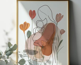 Mother and Baby Line Art Print: Scandinavian Nursery Decor (Digital Download)