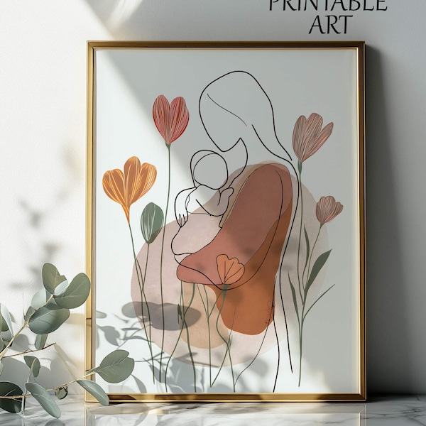 Mother and Baby Line Art Print: Scandinavian Nursery Decor (Digital Download)