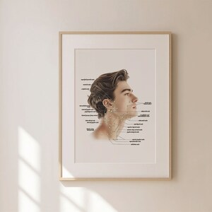 May include: A framed illustration of a man's face in profile, with labelled points on the face and neck. The illustration is in a light brown frame and is on a white wall.