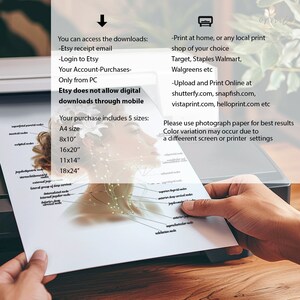 May include: A printable anatomy chart of the human neck, showing the location of the lymph nodes. The chart is available in five sizes: A4, 8x10 inches, 16x20 inches, 11x14 inches, and 18x24 inches. The text on the chart states that Etsy does not allow digital downloads through mobile. The text also recommends using photograph paper for best results and notes that color variation may occur due to different screen or printer settings.