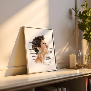 May include: A framed illustration of a person's head and neck with labelled acupuncture points. The illustration is in black and white with a light grey background.