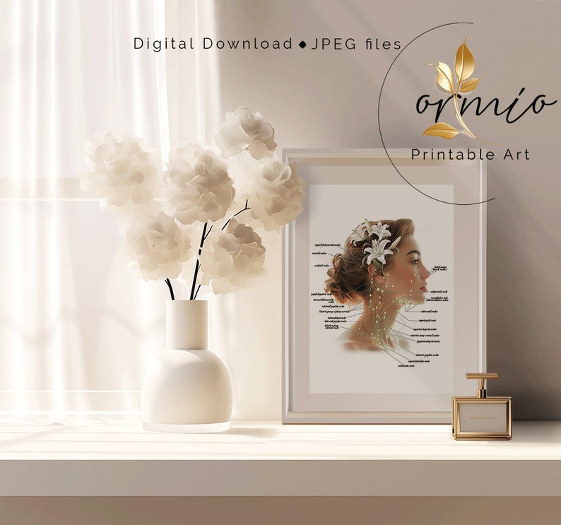 May include: A printable art print featuring a woman's face with a floral crown and a detailed illustration of the lymphatic system. The print is framed and displayed on a white shelf with a vase of white flowers.