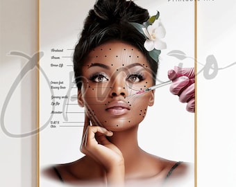 May include: Printable art featuring a woman's face with labeled areas for cosmetic procedures. The image includes text indicating areas like the forehead, brow lift, and chin. A syringe is shown near the face, and the words "Digital Download • JPEG files" are at the bottom.