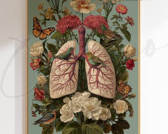 Arte imprimible de anatomía pulmonar botánica, ilustración médica vintage, póster floral del sistema respiratorio, decoración de pared para consultorio médico