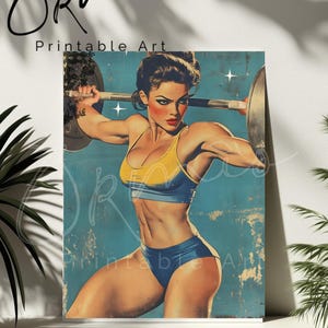 Vintage-style poster of a weightlifter woman, ideal for retro gym wall decor.
