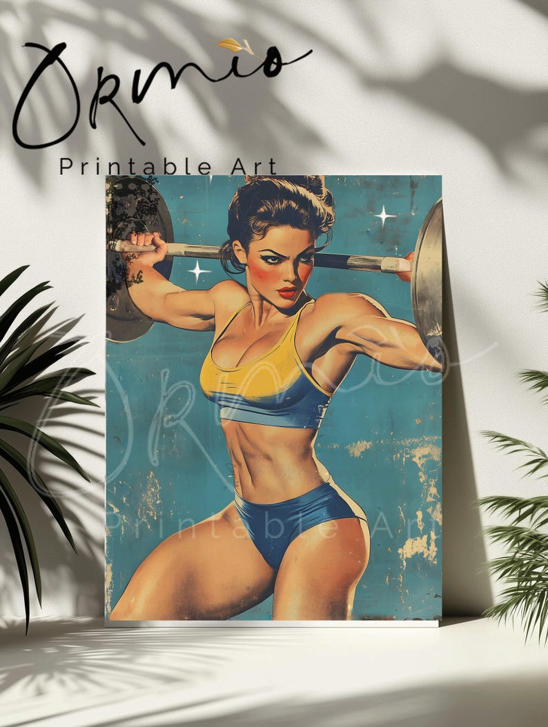 Vintage-style poster of a weightlifter woman, ideal for retro gym wall decor.