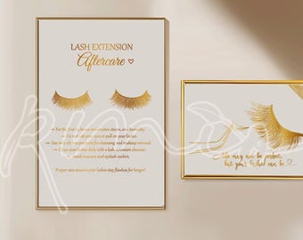 May include: Two framed prints with gold eyelash illustrations and text. The first print has the text "LASH EXTENSION Aftercare" and instructions for lash care. The second print has the text "Life may not be perfect, but your lashes can be."