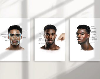 Schwarze männliche Gesichtsanatomie-Kunst: Venen, Arterien & Botox-Injektionstabelle (druckbares 3er-Set)