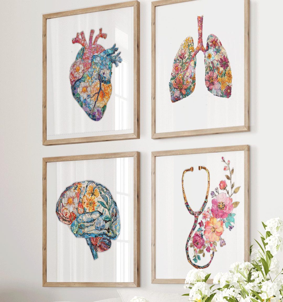 Floral Mosaic Anatomy Wall Art Set of 4, Heart Brain Lungs Stethoscope ...
