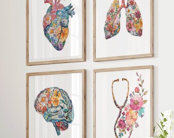 Floral Mosaic Anatomy Wall Art Set of 4, Heart Brain Lungs Stethoscope, Medical Office Art, Colorful Anatomy Posters, Doctor Gift Printable