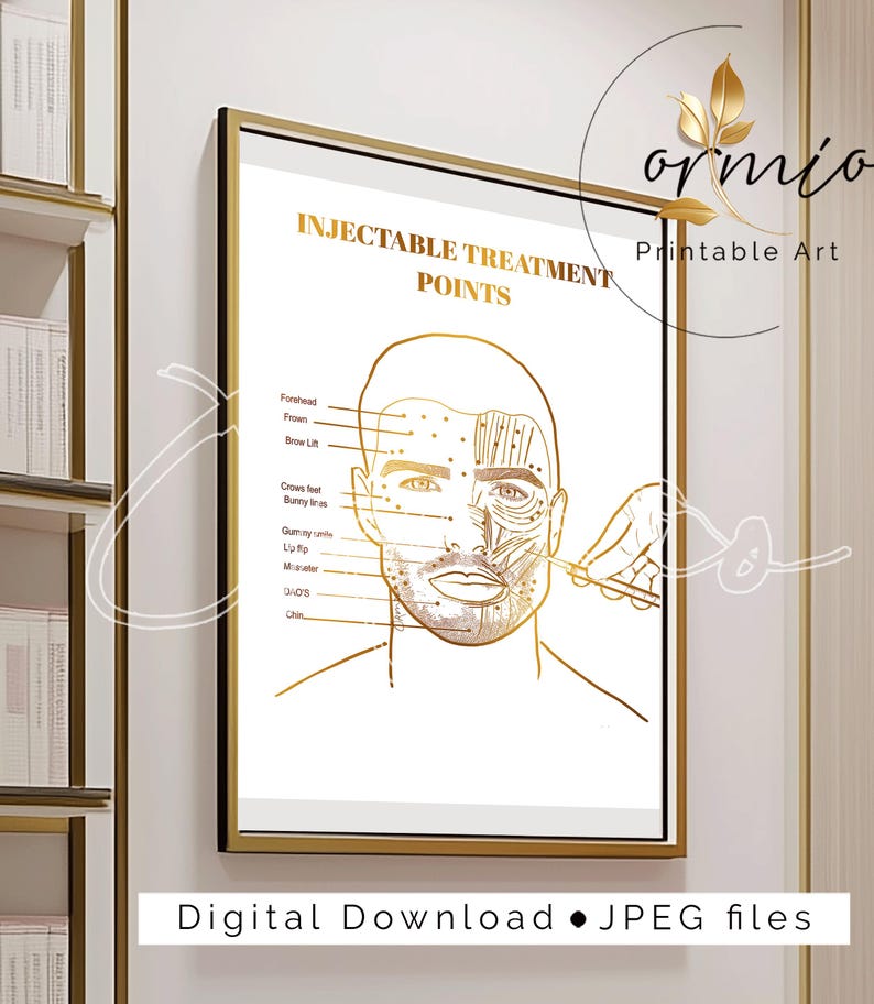 May include: A gold-toned illustration of a man's face with labeled points for injectable treatments. The text "INJECTABLE TREATMENT POINTS" is at the top of the image. The image is on a white background.