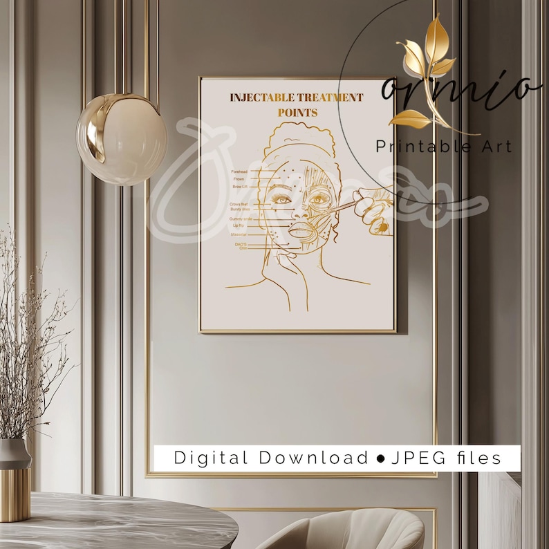 May include: A printable digital download of a gold line drawing of a woman's face with labeled points for injectable treatment. The text "Injectable Treatment Points" is at the top of the image. The image is on a white background.