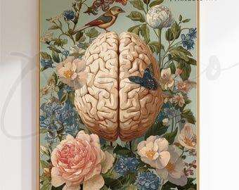 Botanical Brain Anatomy Art Print, Human Brain Illustration, Medical Wall Art, Neurology Office Decor, Vintage Anatomy Printable