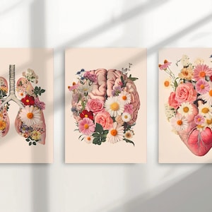 Anatomy Art Printable Set - Medical Art Prints - Doctor Office Decor - Nurse Gift - Human Heart, Brain, Lungs - Floral Medical Wall Art