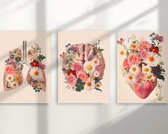 Floral Anatomy Art Print Set: Heart, Brain, Lungs (Digital Download)