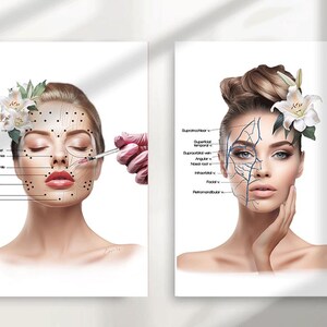 May include: Two educational posters featuring illustrations of a face. The left poster shows injection points with labels like Forehead, Frown, Brow Lift, Crow's feet, Bunny lines, Gummy smile, Lip flip, Masseter, DAOs, and Chin. The right shows facial veins.