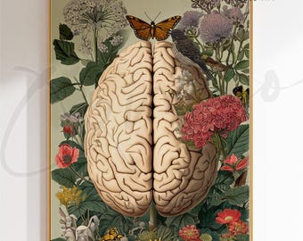 Botanical Anatomical Brain Art Print, Human Brain Illustration, Medical Wall Art Clinic, Neurology Office Decor, Vintage Anatomy Printable