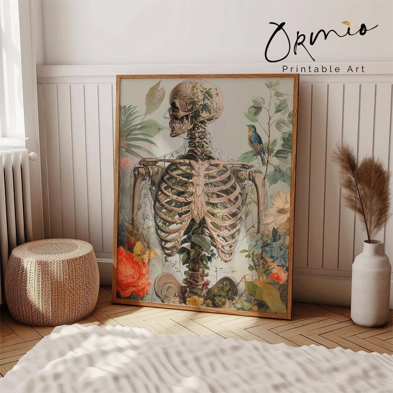 Botanical Skeleton Anatomy Poster, Vintage Floral Human Skeleton Art ...