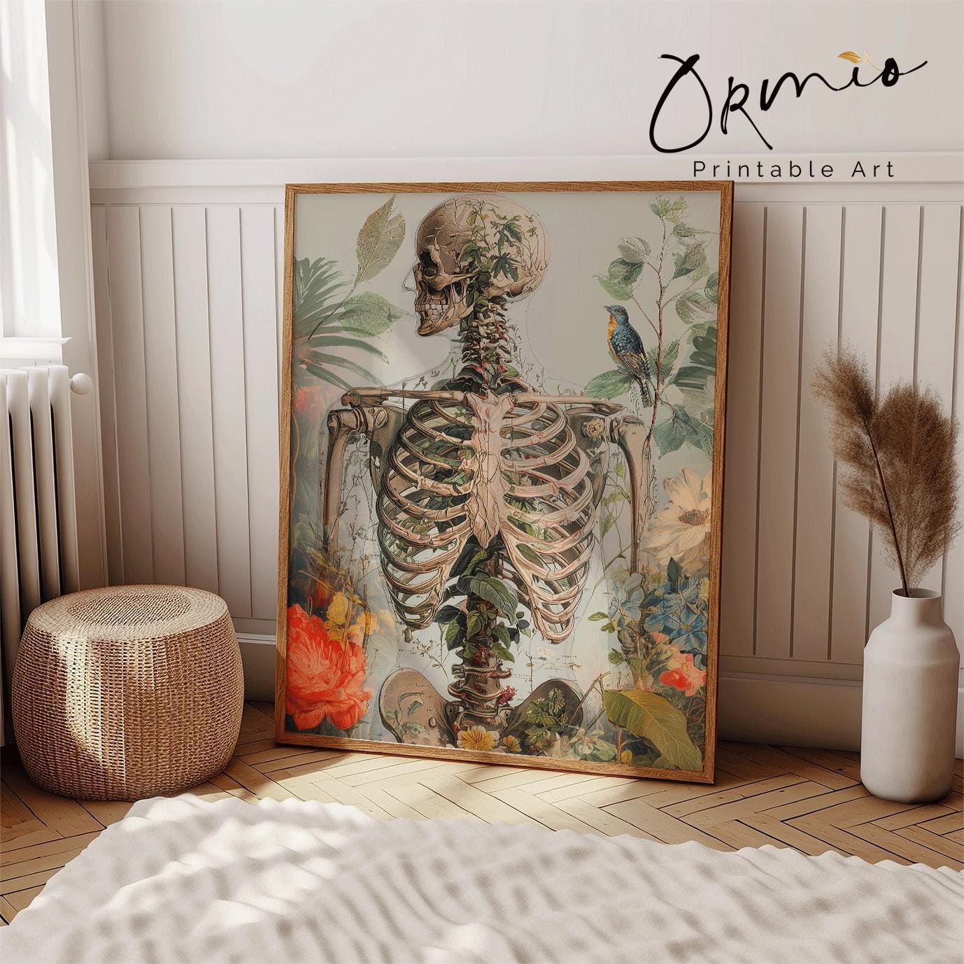 Botanical Skeleton Anatomy Poster, Vintage Floral Human Skeleton Art ...