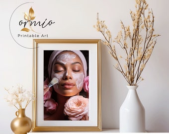 May include: A printable art print featuring a woman with a white face mask and closed eyes. She is surrounded by pink roses. The print is in a gold frame and is ready to be downloaded as a JPEG file.