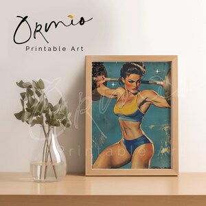 Vintage-style poster of a weightlifter woman, ideal for retro gym wall decor.