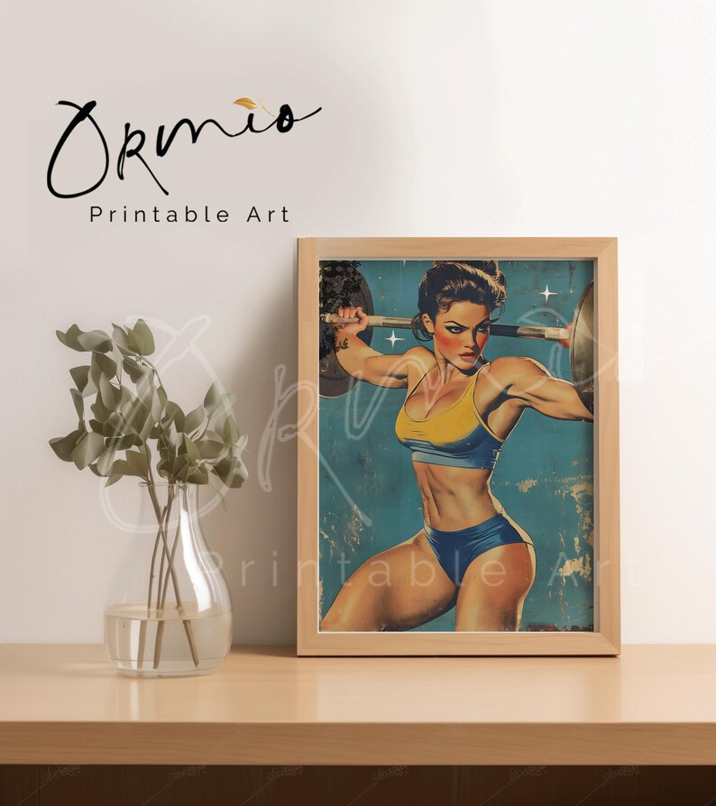Vintage-style poster of a weightlifter woman, ideal for retro gym wall decor.