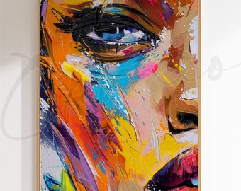 Colorful Face Wall Art Printable, Abstract Woman Portrait, Modern Expressionist Painting, Bold Canvas Art, Contemporary Decor, Gift for Her